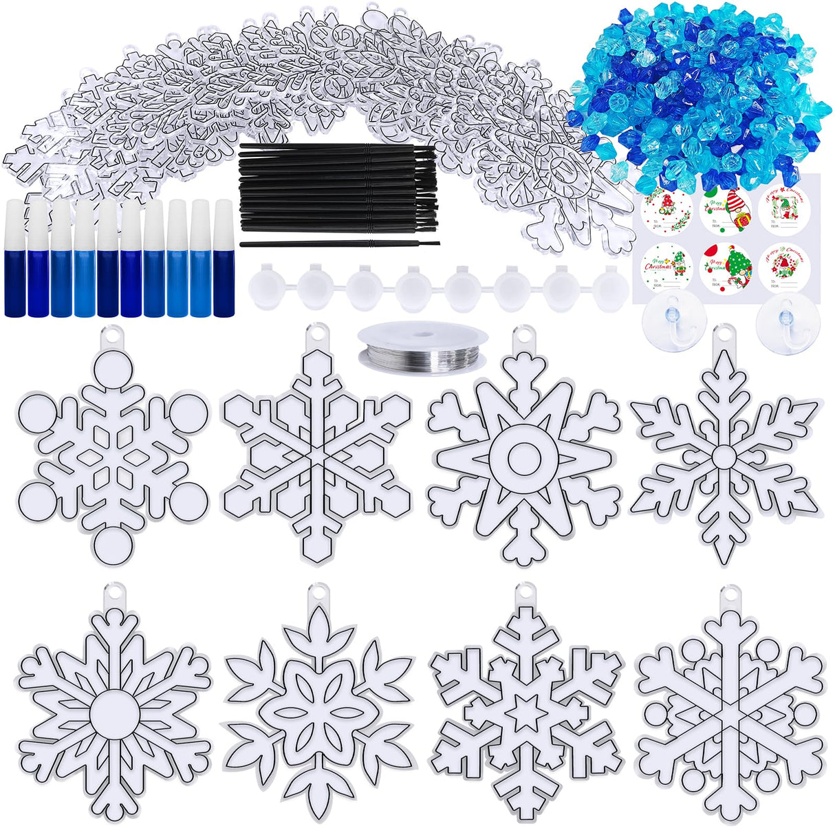 Winlyn 24 Sets Snowflake Suncatchers Ornaments Decorations DIY Window Paint Art Suncatchers Christmas Craft Kits Hanging Snowflake Sun Catchers for Kids Christmas Winter Home Classroom Party Activity Winlyn