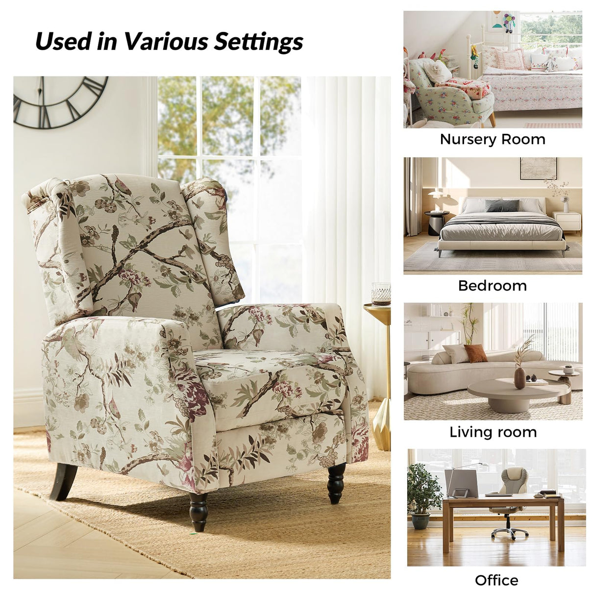 Tina's Home Wingback Recliner Chair, Traditional Push Back Recliner Sofa, Mid Century Modern Lounge Armchair for Living Room, Home Theater Accent Chairs Upholstered Recliners Couches,Bird TINA'S HOME