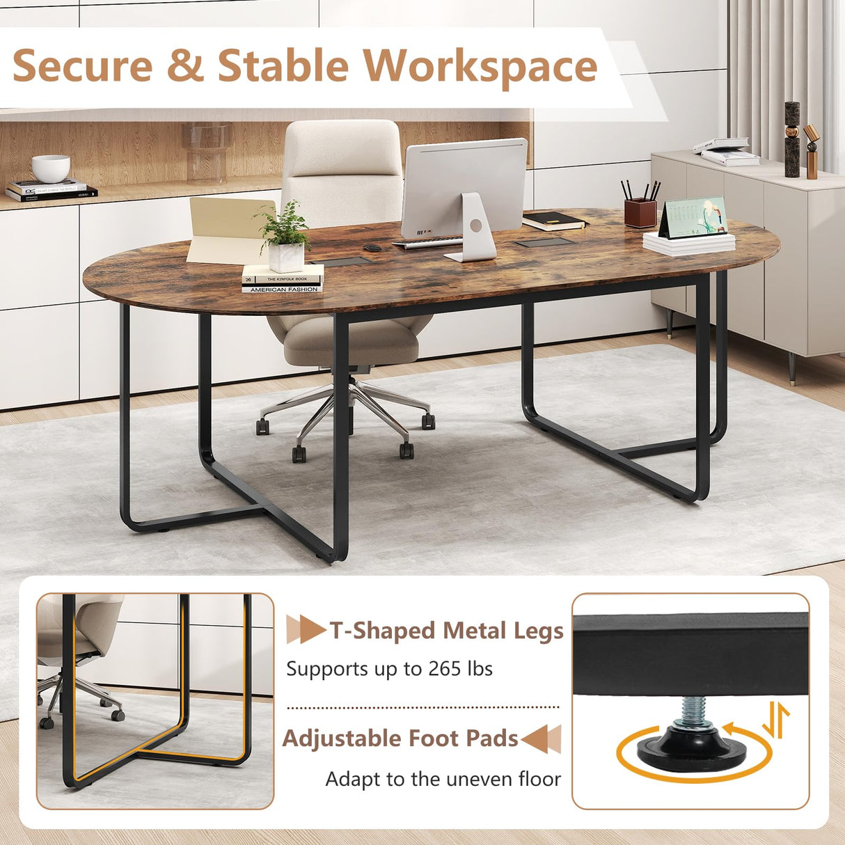 Nightcore 8 FT Oval Conference Table, 95" x 48" x 30" Large Meeting Table with Cable Holes and Strong Metal Frame for Office, Business Style Training Table for 12 People, Rustic Brown & Black Generic