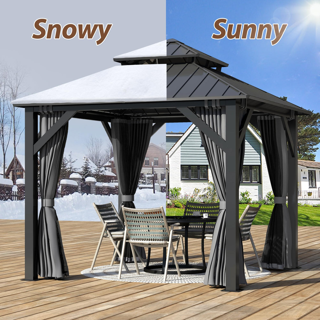 8.5' x 8.5' Hardtop Gazebo, Galvanized Steel Double Roof Gazebo with Nettings and Curtain Outdoor Aluminum Frame Vertical Stripes Roof Gazebos for Patio, Backyard, Lawn Raysfung