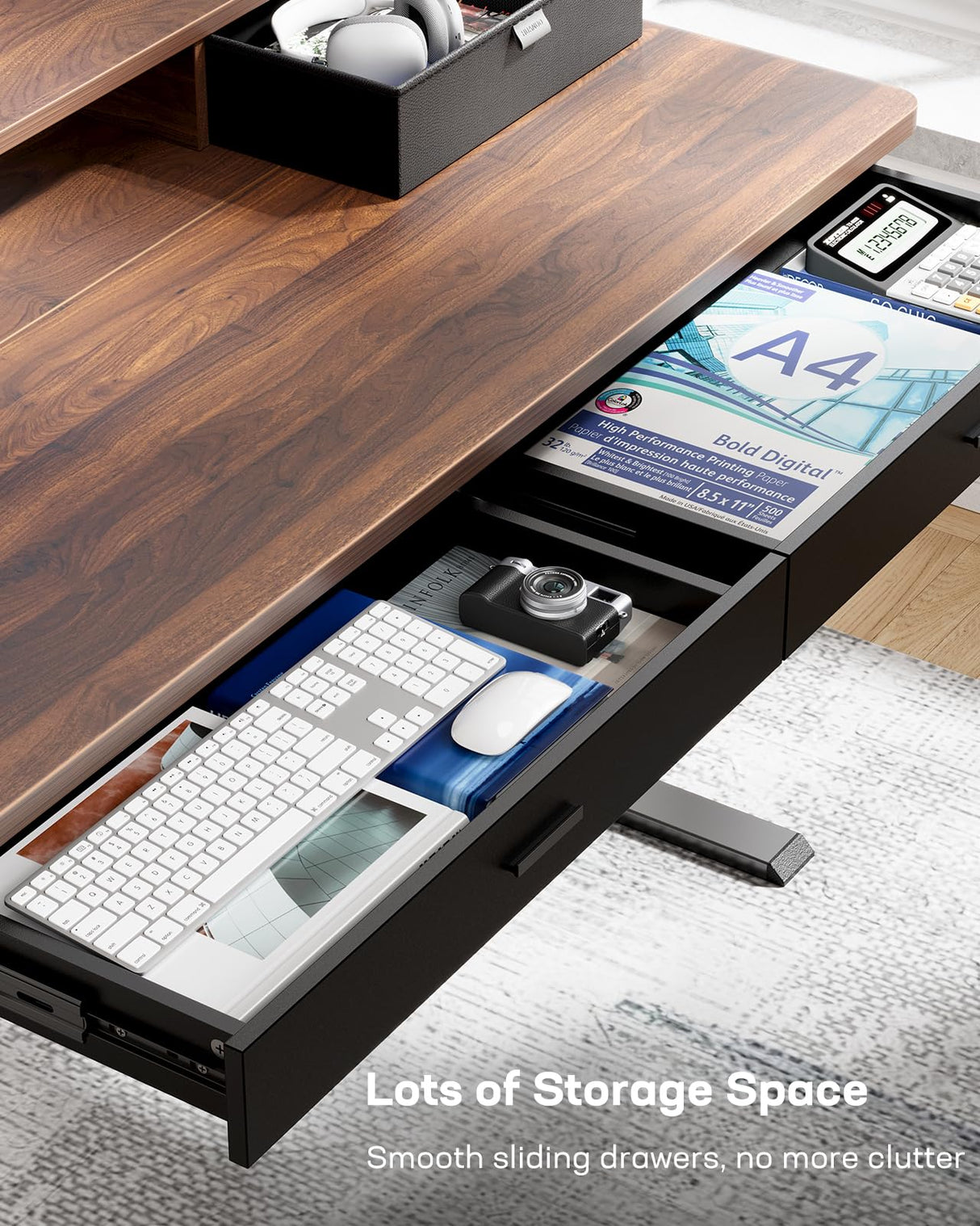 HUANUO 55 x 30 inch Electric Standing Desk with Wood Drawers, Adjustable Height Sit Stand Home Office Desk with Two Tiers, Ergonomic Adjustable Stand up Desk C-Clamp Monitor Mount Compatible, Walnut HUANUO