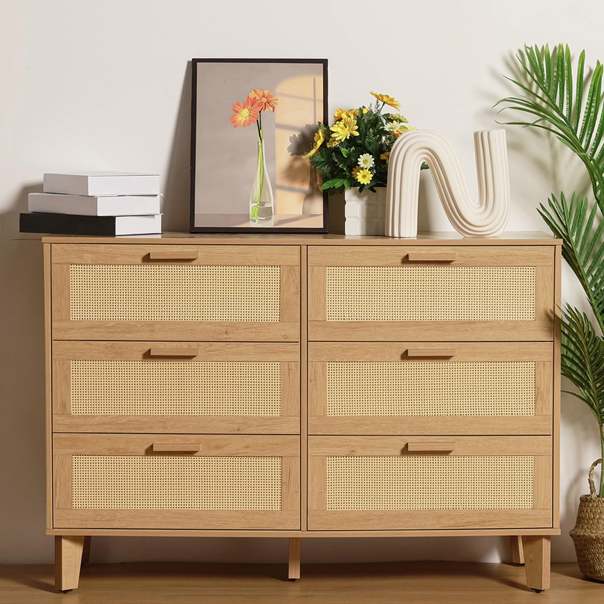 XDliv Rattan Dresser, 6-Drawer Double Dresser Rattan Storage Chest Unit for Bedroom XDliv