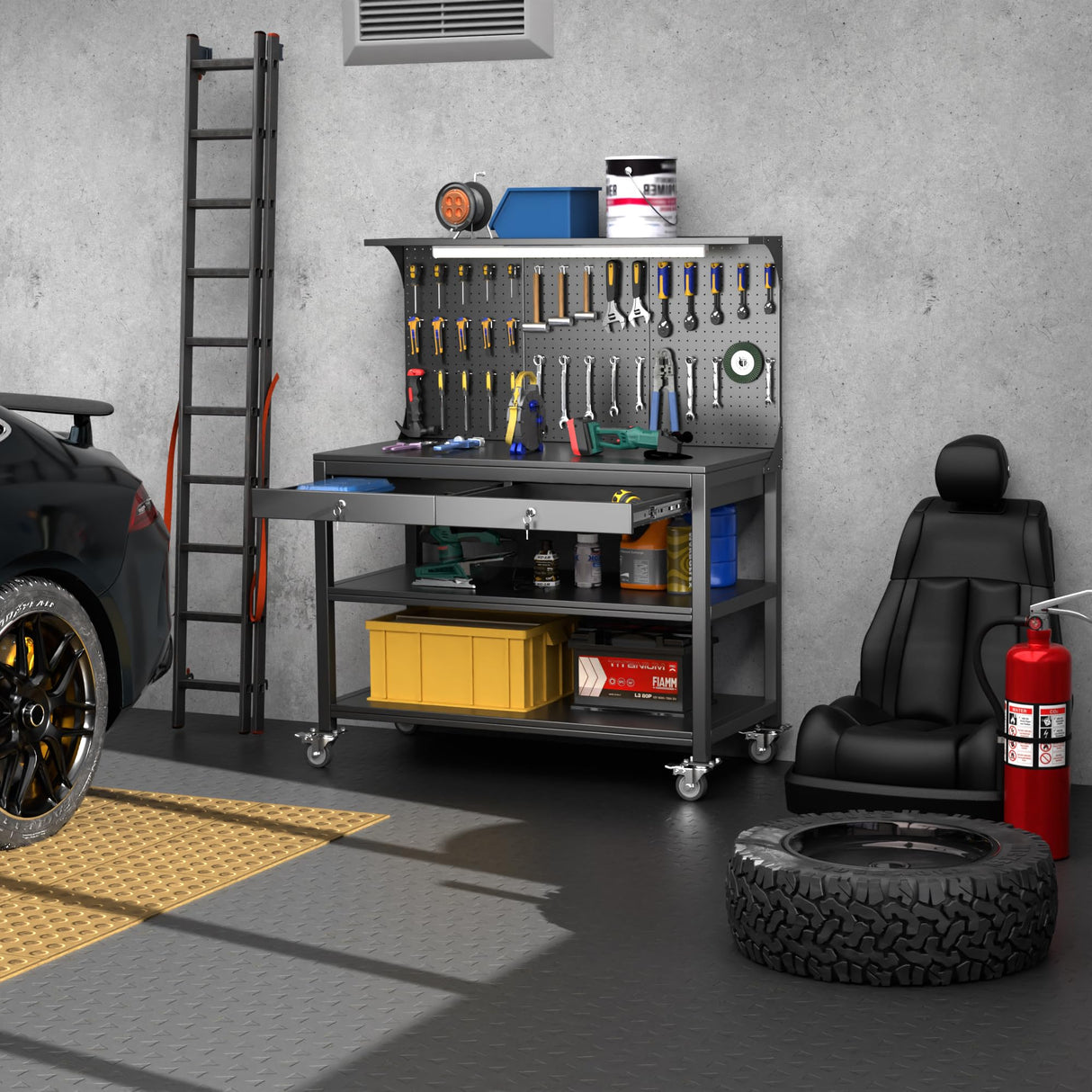 Aobabo Metal Workbench with 2 Lockable Drawer, Steel Tube Legs Workbench on Wheels, 3 Levels Workbench with Pegboard &35 Hooks for Garage Warehouse Utility Room, Black Tool Bench, Assembly Required Aobabo