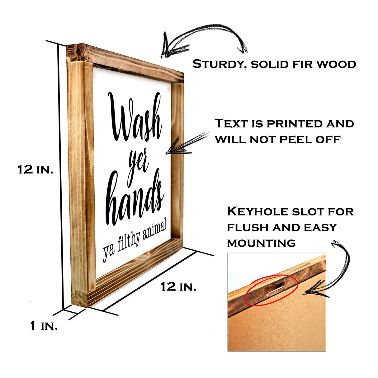 MAINEVENT Wood Decorative Sign, Funny Farmhouse Bathroom Wall Art, 12x12 inches, Wash Yer Hands Ya Filthy Animal MAINEVENT
