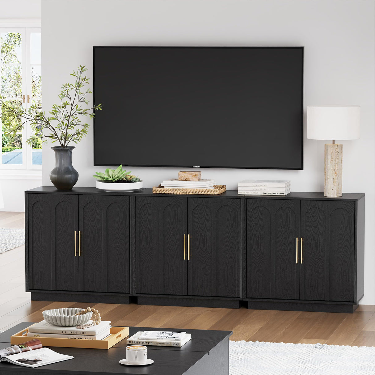 FORTUNETEC Sideboard Buffet Cabinet with Storage, Modern Accent Cabinet with Arched Doors & Shelf, 31.5" Modular Media Console, Minimalist Credenza for Living Room Kitchen Dining Room Entryway, Black FORTUNETEC