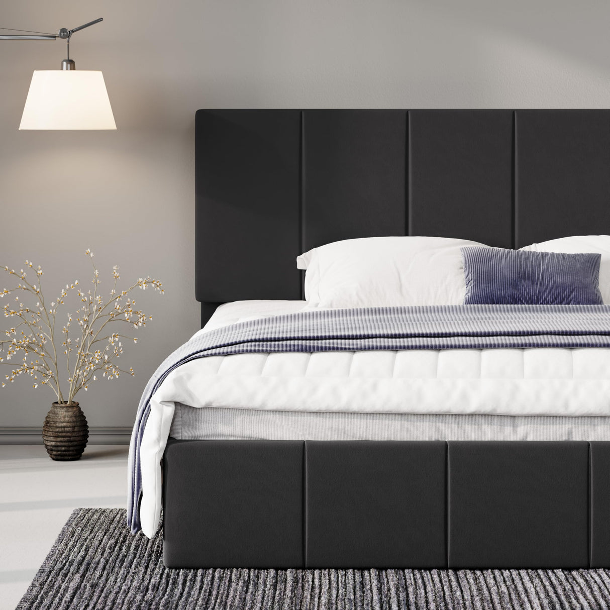 Allewie King Size Dutch Velvet Upholstered Platform Bed Frame/Vertical Channel Tufted Adjustable Headboard/Low Profile Bed Frame/No Box Spring Needed/Easy Assembly/Black Allewie