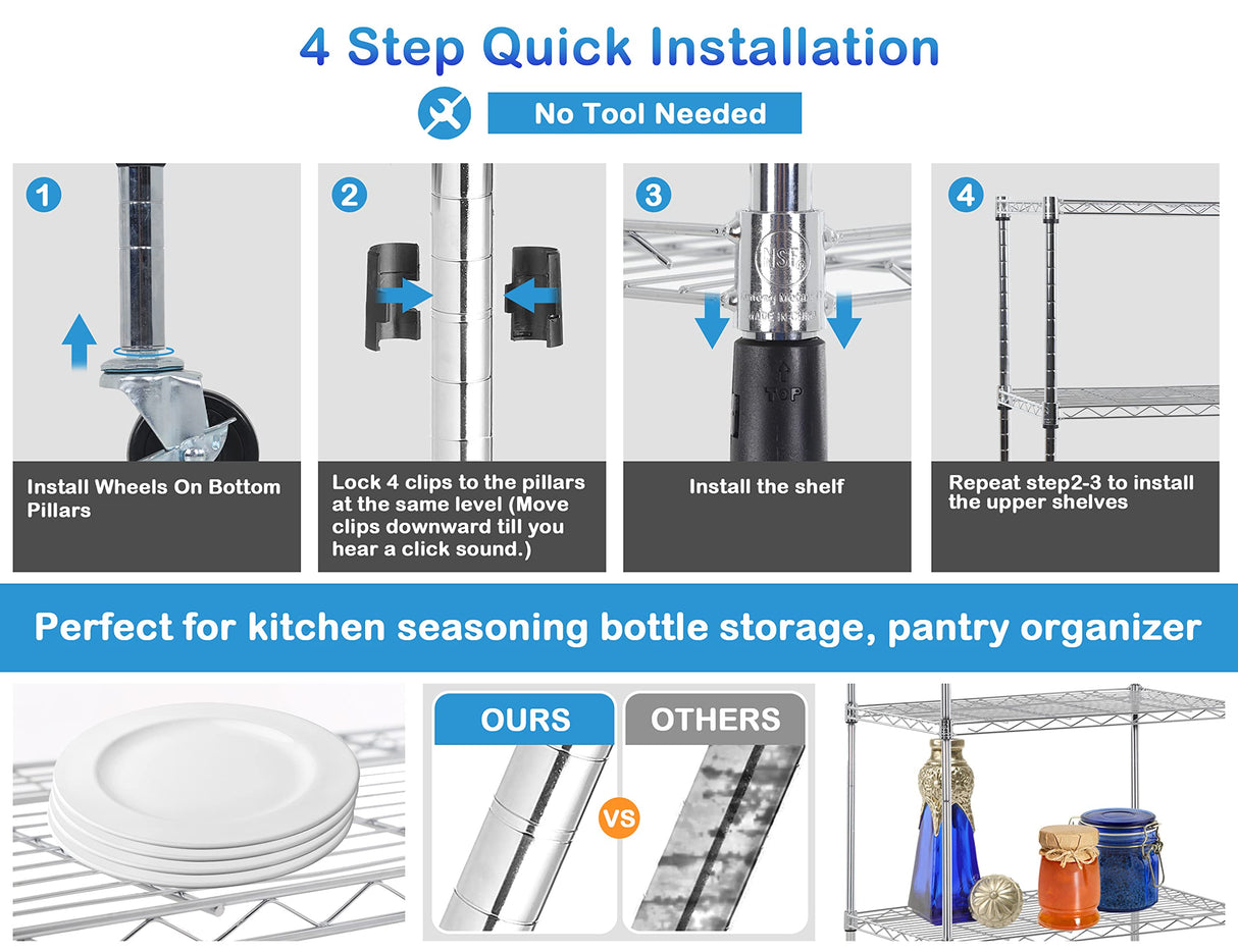 6 Tier Metal Shelving, 18" D x 48" W x 82" H Storage Rack, Wire Shelf, Height Adjustable, Wire Rack Shelving, Maximum Load Bearing 2100lbs, Metal Storage Shelves for Kitchen Garage Warehouse, Chrome MKDLUFEI