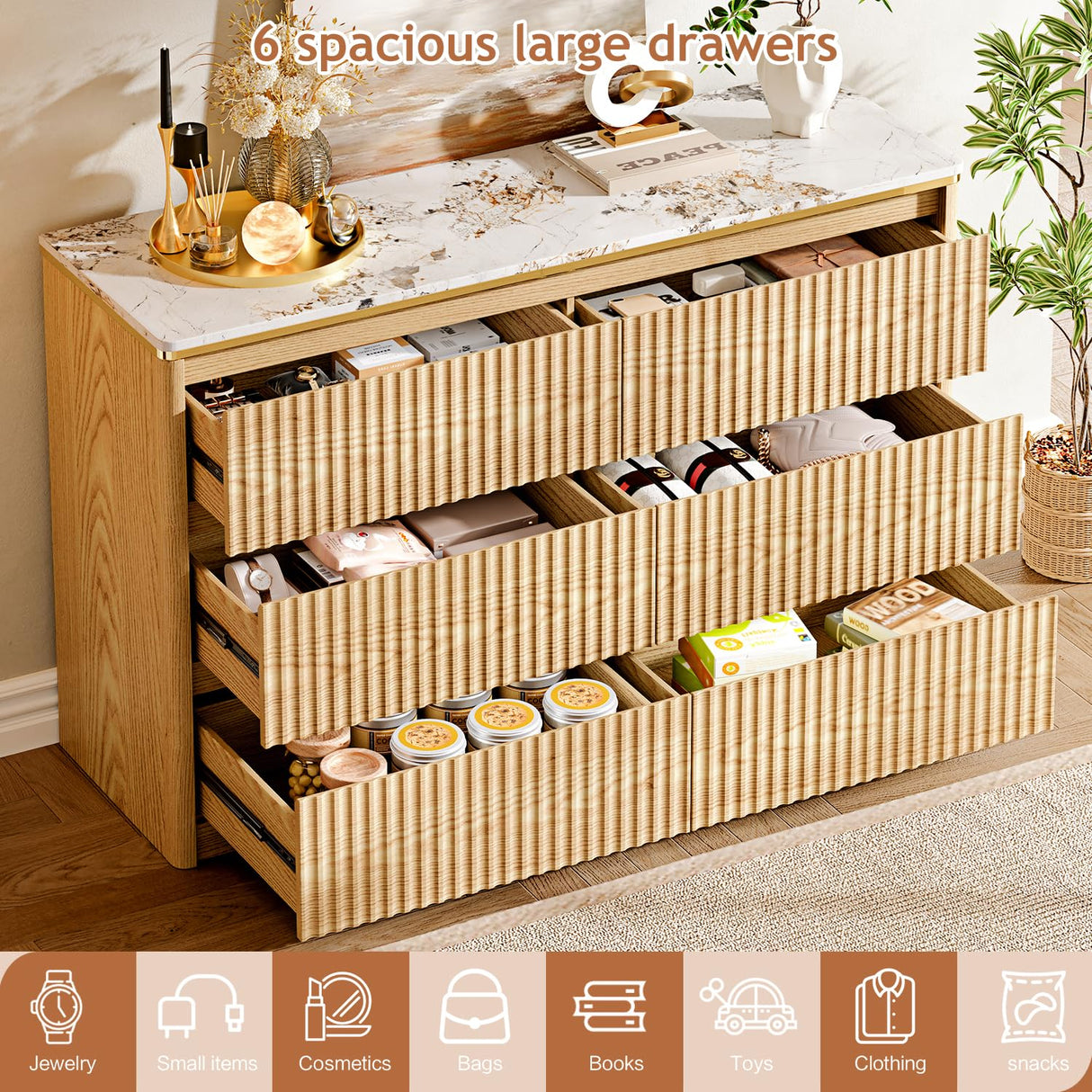 Ieejdn Fluted Dresser for Bedroom with 6 Drawers, 47.2" Modern Chest of Drawers with Faux Marble Top, Curved Profile Design,Dresser TV Stand, Wood Drawer Organizer for Living Room, Hallway, Oak1