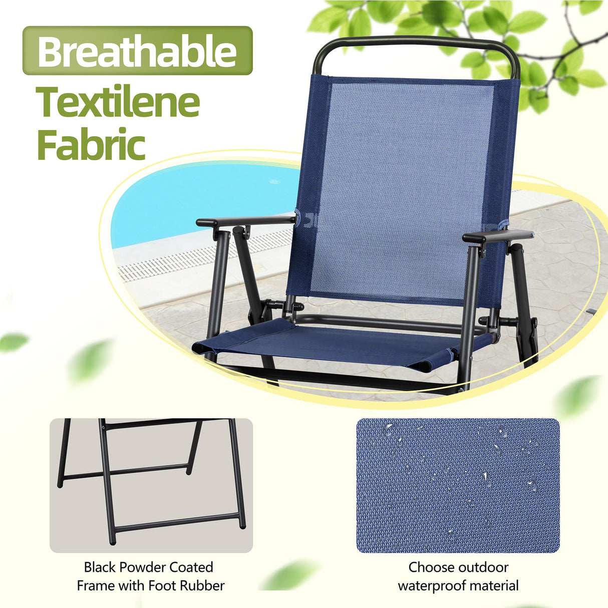 Vongrasig 6 Pieces Folding Patio Dining Set, All Weather Small Metal Outdoor Table and Chair Set, Garden Patio Furniture Set w/Umbrella, Glass Table & 4 Folding Chairs for Lawn, Backyard, Blue Vongrasig