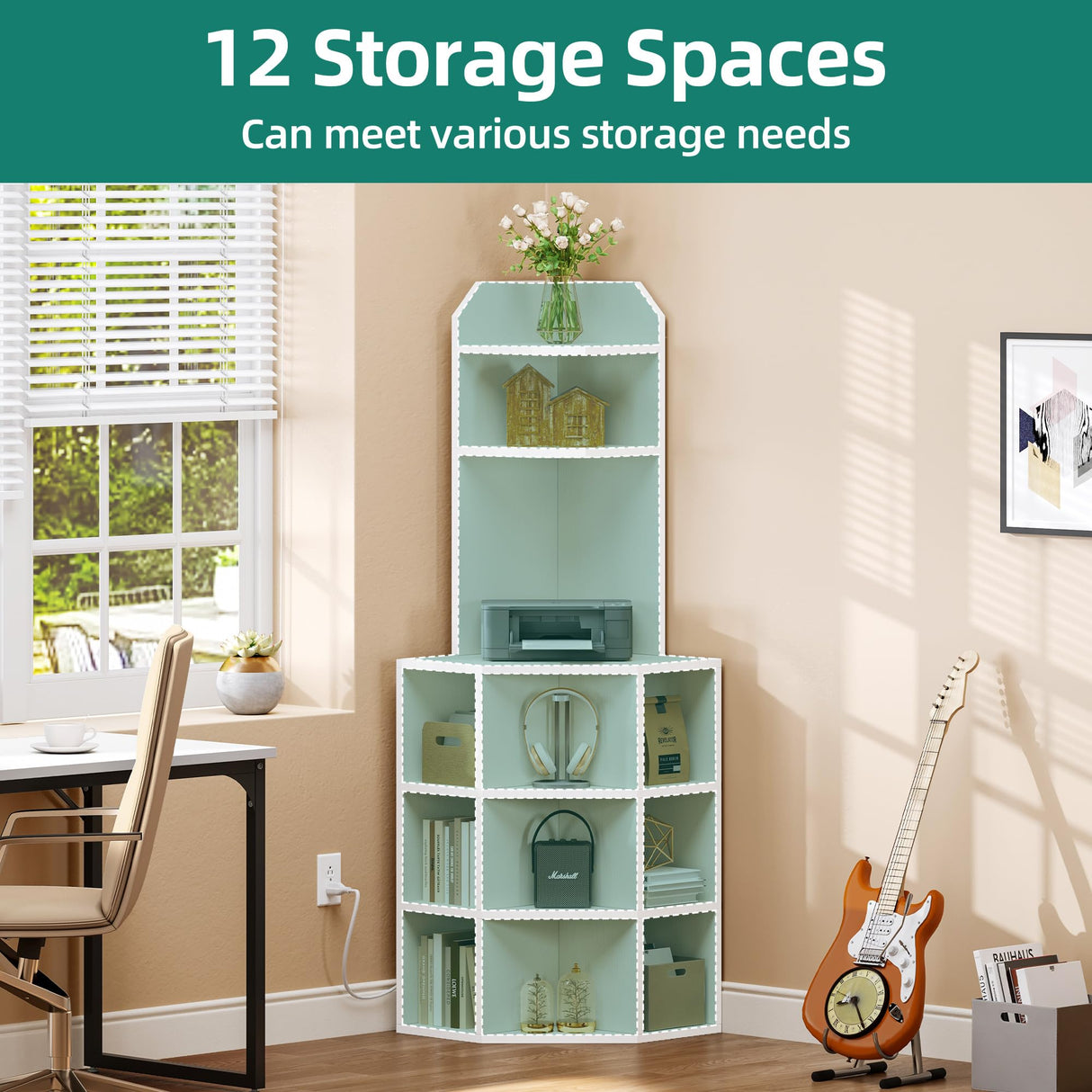 YITAHOME Corner Shelf with USB Ports & Outlets, Modern Corner Storage Cabinet Rack Charging Station, Wooden Display Bookshelf Bookcase for Living YITAHOME