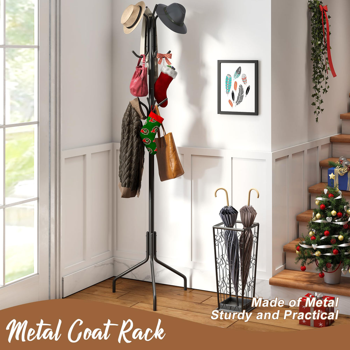 FILWH Coat Rack Freestanding Coat Tree Standing Coat and Hat Hanger Jacket Organizer Rack Metal,18.3" L x 18.3" W x 71.5" H, Black FILWH