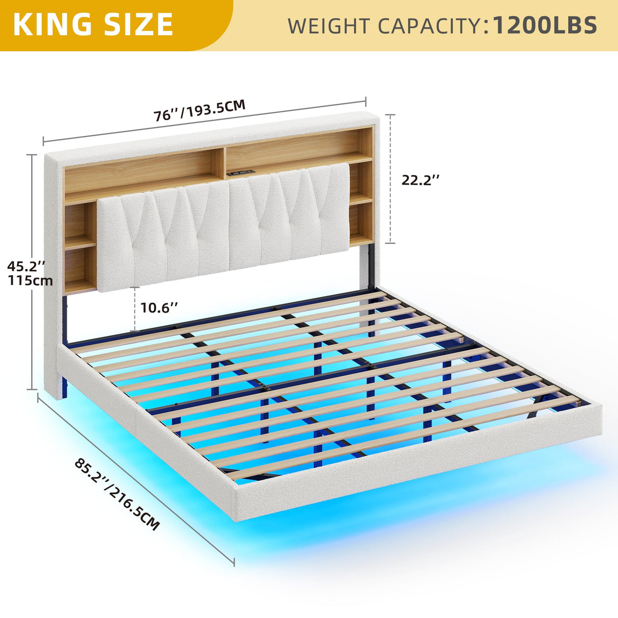 DWVO King Size Floating Bed Frame with RGB LED Lights, Bookcase Storage Headboard Beds with Charging Station, Upholstered Platform with Heavy Duty Wood Slat, No Box Spring Needed, Beige DWVO