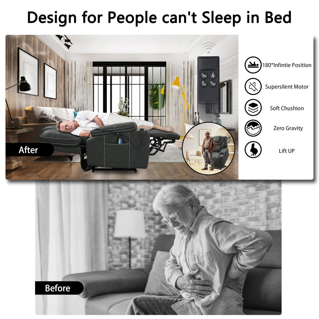 PUG258Y Power Lift Recliner for Seniors: 9988 High Density Foam Lift Chair With Heat and Massage, Reclining To 180, 2 Pockets Cup Holders, 2 Remote Controls, Dual OKIN Motors - Breathable Leather Gray PUG258Y