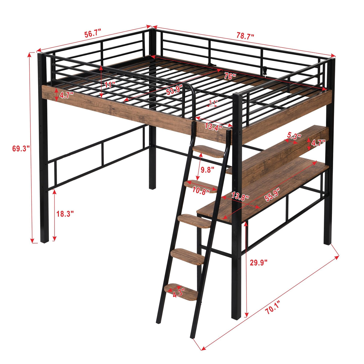 Janusline Metal Full Size Loft Bed with Built-in Desk, Modern Loft Bed Frame with Storage Shelf, Ladder and Safety Guardrail, Easy Assembly, No Box Spring Needed, Black Janusline