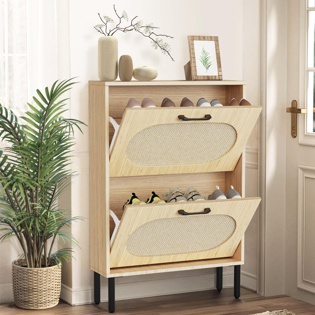 Crownland Shoe Cabinet, Shoe Storage Cabinet with 2 Flip-Out Drawers, Modern Two-Tier Shoe Rack Cabinet for Entryway, Hallway, Living Room(Wood) Crownland