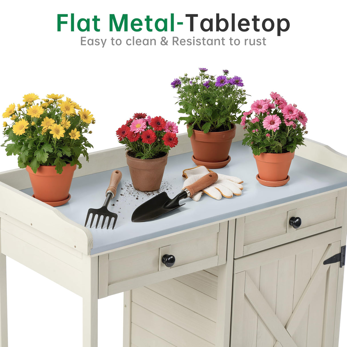 Outdoor Potting Bench with Storage Cabinet & Metal Tabletop, Garden Work Table, Wood Planting Workstation for Patio, w/Drawer HABAU