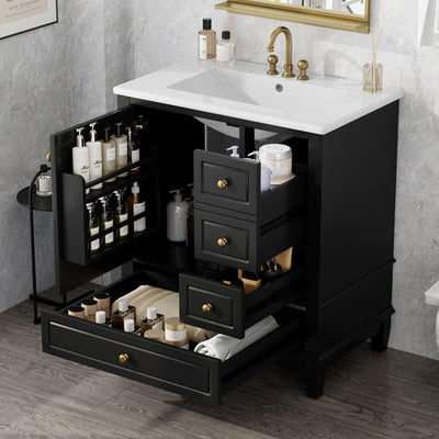 30" Bathroom Vanities with Ceramic Sink, Storage Cabinet with 3 Drawers and Door Shelf, Soft-Closing Door, Solid Wood Legs, Black