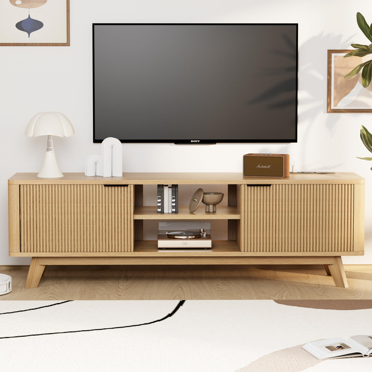 Royal Windsor Modern TV Stand for Living Room,Large TV Table with Fluted Door Cabinets and Open Shelves,Entertainment Center with Storage and TV Mount,Media Console Cabinet with Socket,Wood Grain Royal Windsor