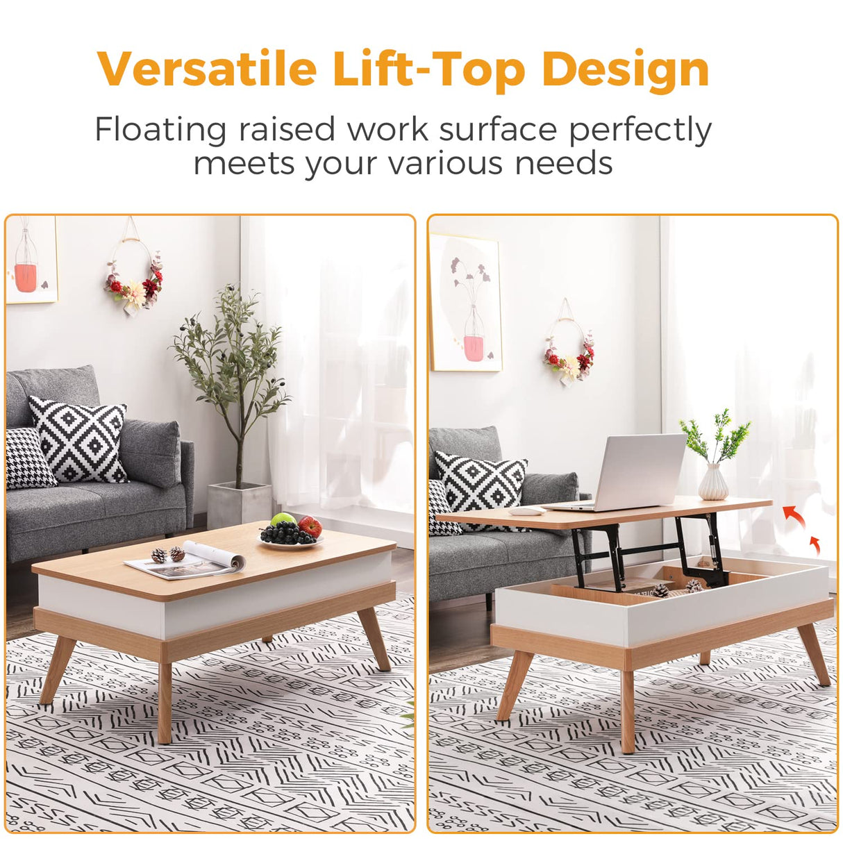 Bidiso Lift Top Coffee Center Table with Hidden Storage Compartment, Easy-to-Assembly , Dining Table for Living Room Reception/Home Office, Oak Bidiso