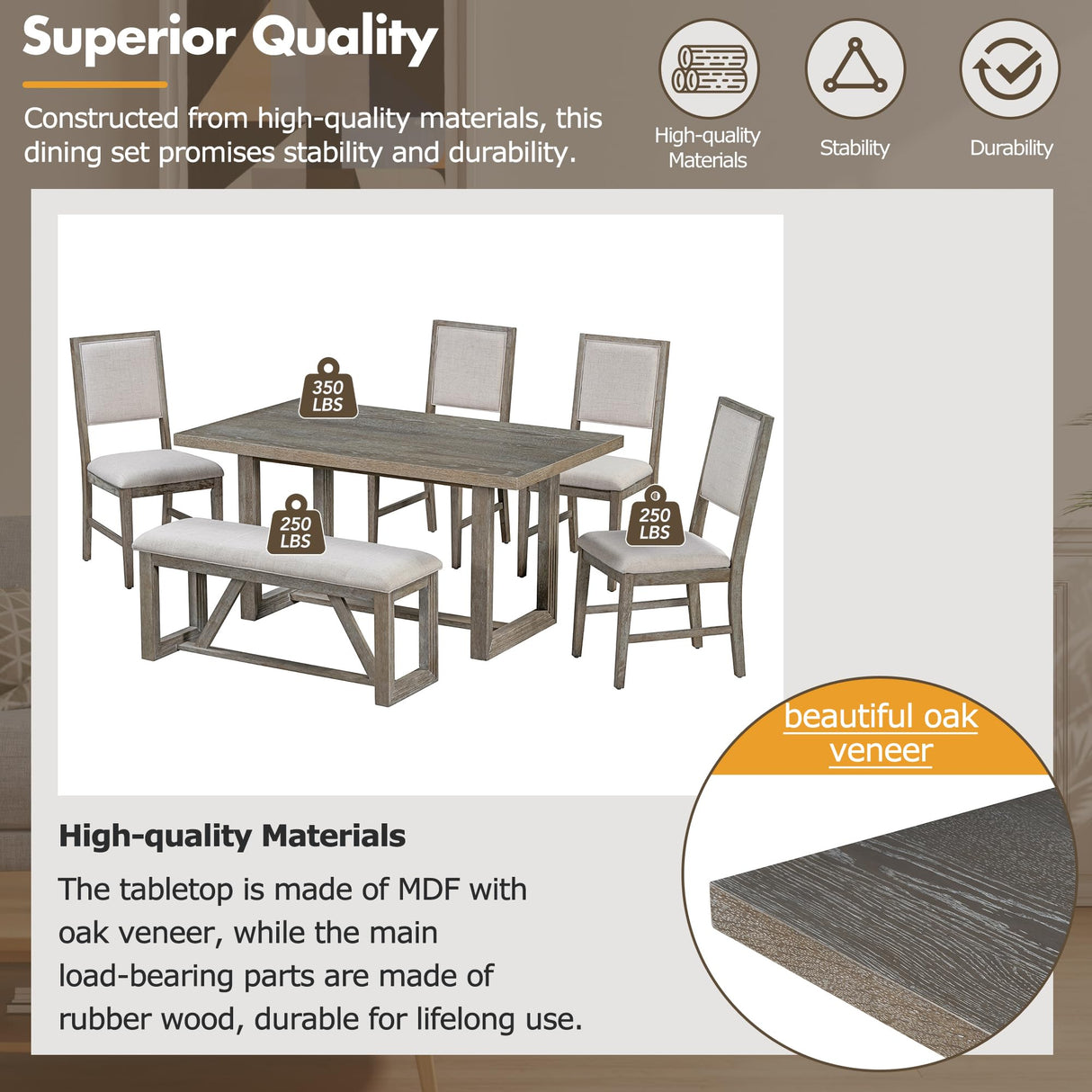 Merax Farmhouse Wooden Dining Set of 6, 59.6 inch Kitchen Table with Trestle Base, 4 Upholstered Chairs and 1 Bench, Easy Assemble Gray Merax