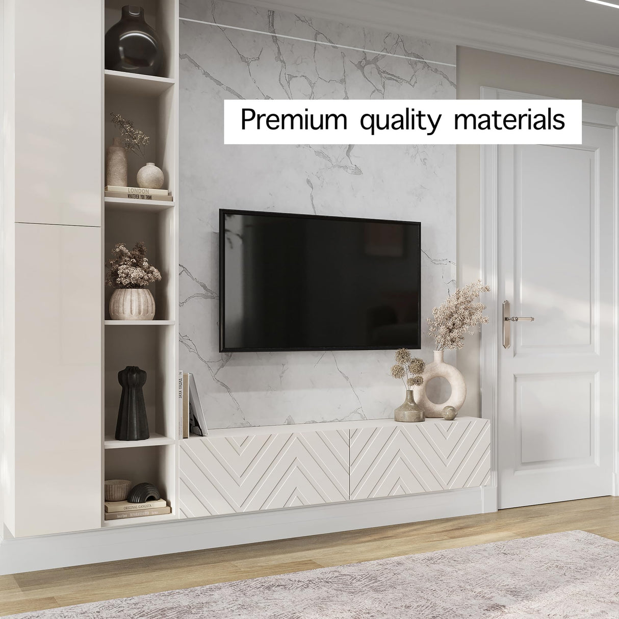 Living Skog Floating TV Stand Wall Mounted for Living Room and Bedroom, Media, Entertainment Center with Storage and Drawers Fits TV 50 55 60 65 70 inch Cabinet (Alessio Beige, 59 in) Living Skog