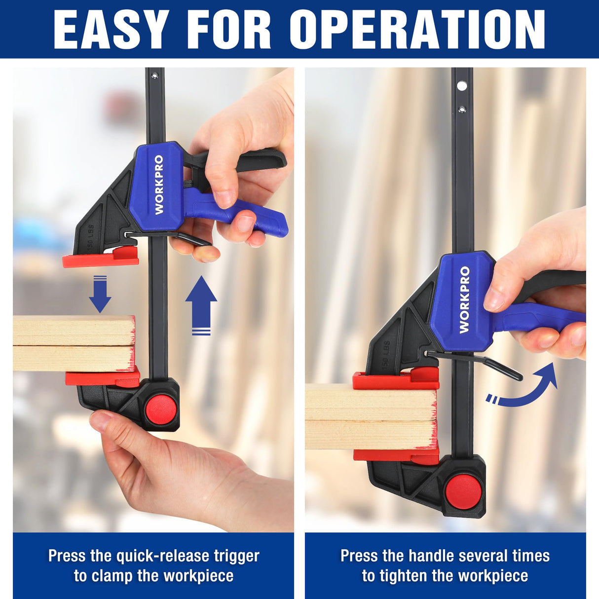 WORKPRO 6" Bar Clamps for Woodworking 2-Pack, Quick-Release Wood Clamps/Spreader Light Duty, One Hand F Clmaps 150 LBS Load Limit, Ideal for Woodworking and DIY Projects WORKPRO