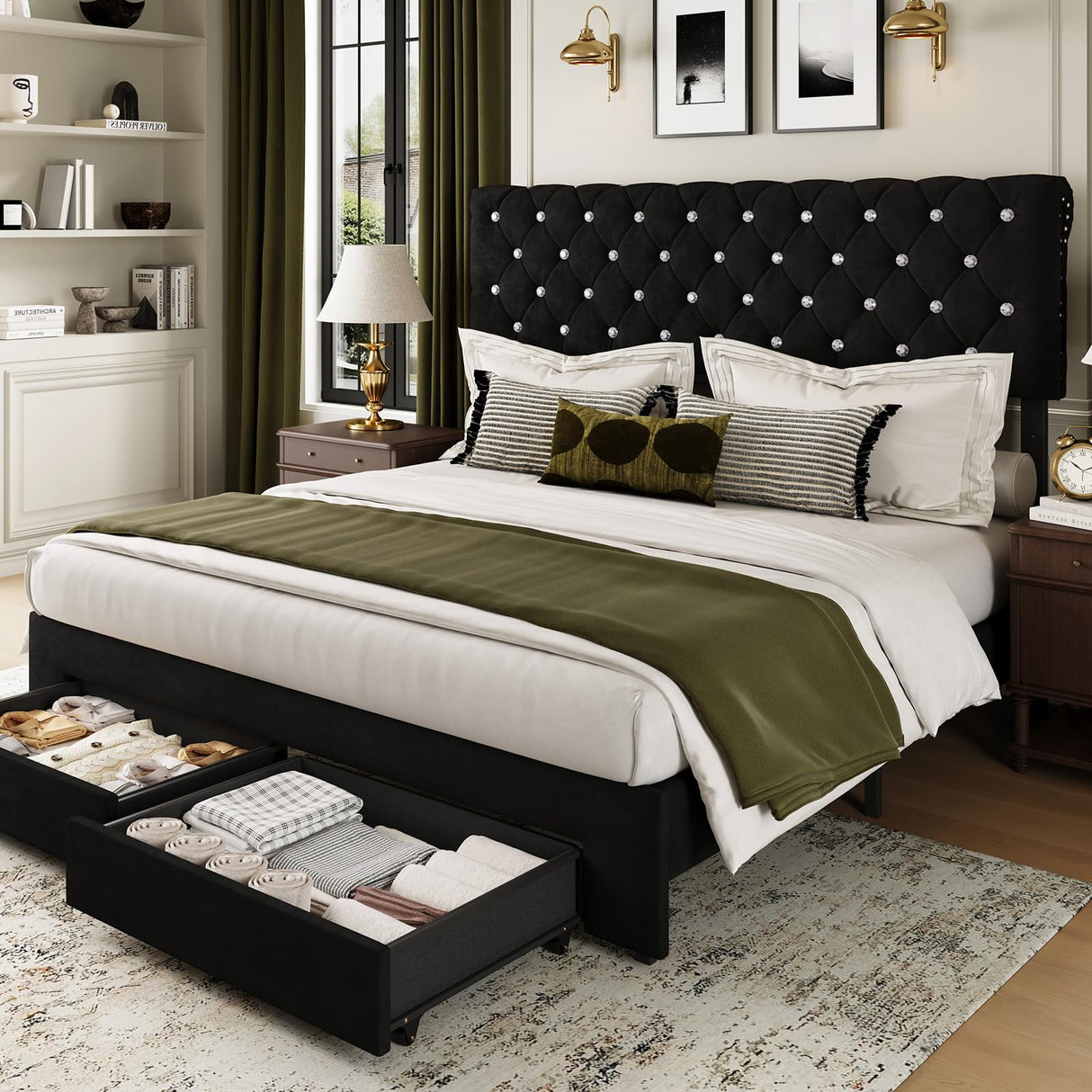 Belffin Full Size Bed Frame with 2 Storage Drawers, Upholstered Bed Frame with Adjustable Diamond Headboard, Velvet Modern Platform Bed Frame, No Box Spring Needed, Easy to Assemble, Black Belffin