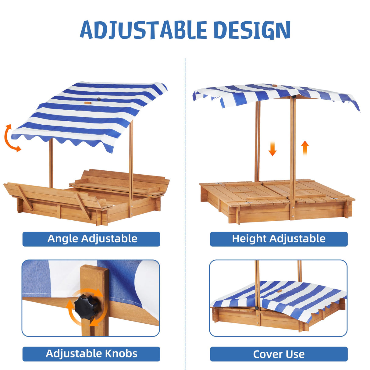 Mederra Kids Sandbox with Cover, 46'' Wooden Sand Box w/Adjustable Canopy, Outdoor Sandpit for Backyard Play, Light Brown Mederra