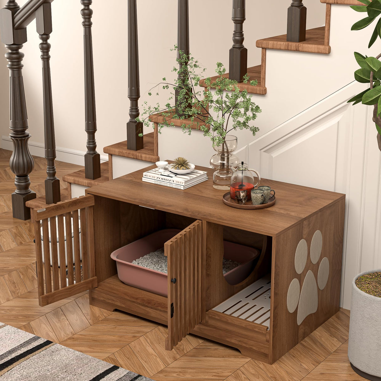 Cat Litter Box Enclosure Furniture, Hidden Litter Box Cabinet with Scratch Pad, Modern Wooden Cat House Washroom End Table for Living Room (Walnut) Athuiline