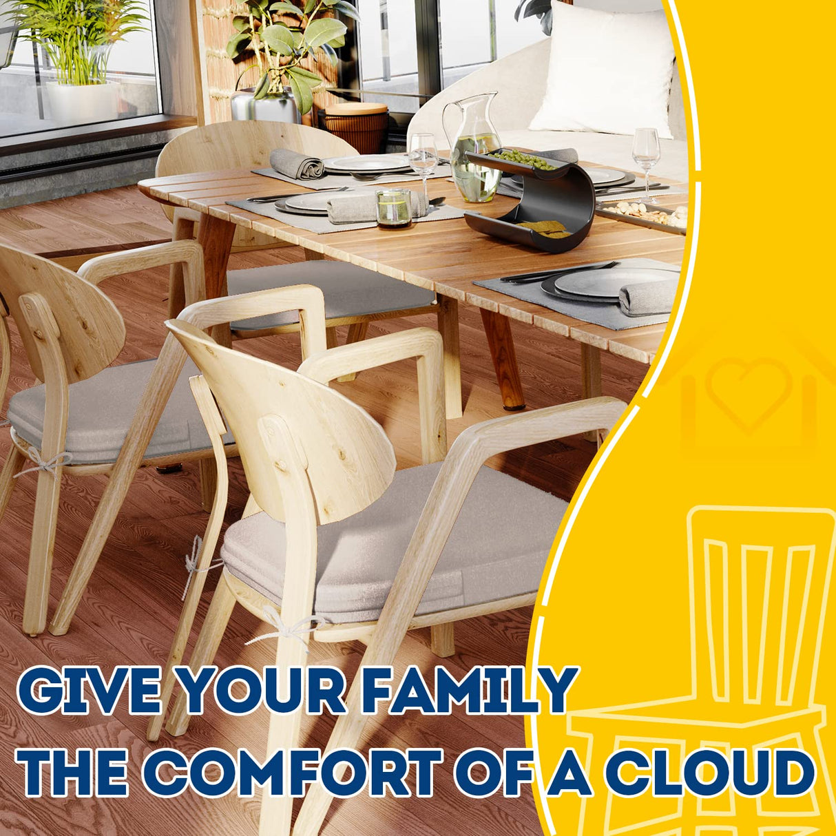 AAAAAcessories D-Shaped 2'' Thick Chair Cushions, Removable, Machine Washable Cover and Ties, Chair Pads for Indoor Dining Room and Kitchen Chairs, 17'' x 16'', Set of 4, Beige AAAAAcessories