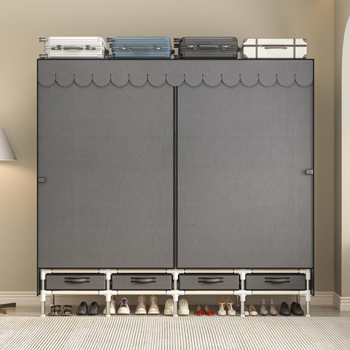 LEAIJIAFY Large Portable Armoire Wardrobe Closet with 4 Hanging Rods and Drawers,Gray Metal Storage Wardrobe Clothes Rack with Dust Cover for Hanging Clothes,67.7 in Width,Bedroom LEAIJIAFY