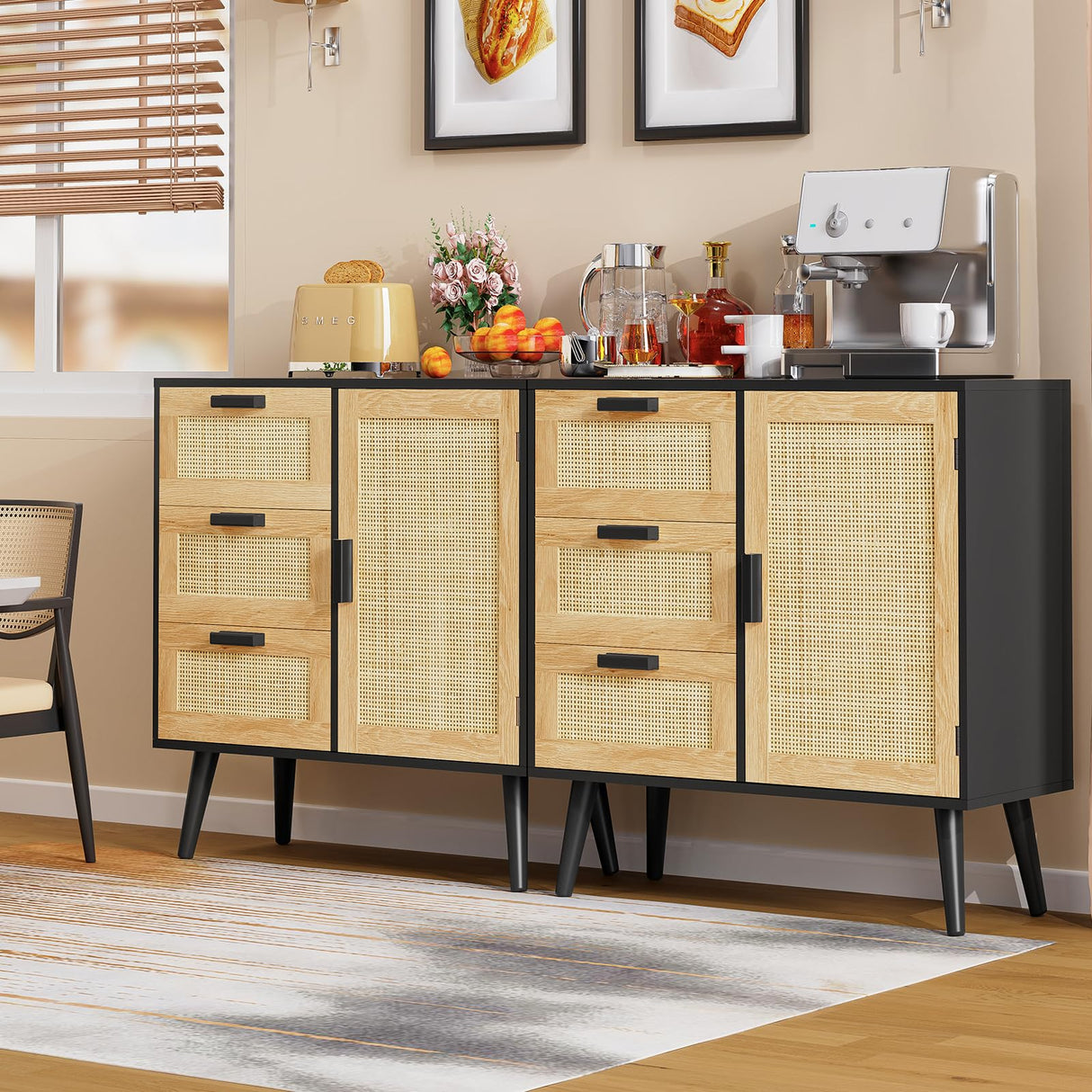 Iwell Storage Cabinet with Rattan Door & 3 Drawers, Rattan Cabinet with Adjustable Shelf, Rattan Dresser, Accent Cabinet for Living Room, Entryway, Kitchen, Black Iwell