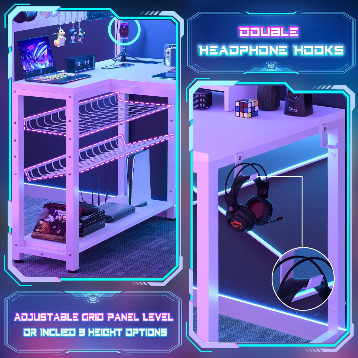 Homieasy Small Gaming Desk with Power Outlets Pegboard LED Light, 43 Inch L Shaped Computer Desk with Monitor Stand Storage Shelves, Reversible Corner Desk with Headset Hooks, White Homieasy