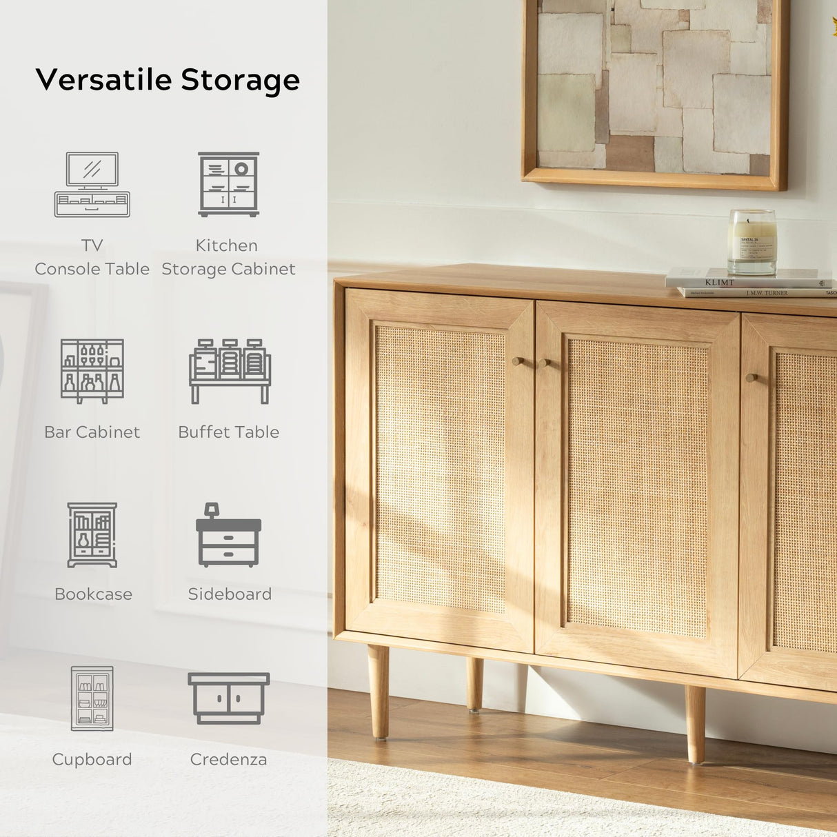 EYYTHUNG Rattan Storage Cabinet with 3 Doors, Boho Sideboard Buffet Cabinet Solid Wood Farmhouse Credenza Cabinet with Adjustable Shelves for Living Room Kitchen Entryway Hallway, Natural Oak EYYTHUNG