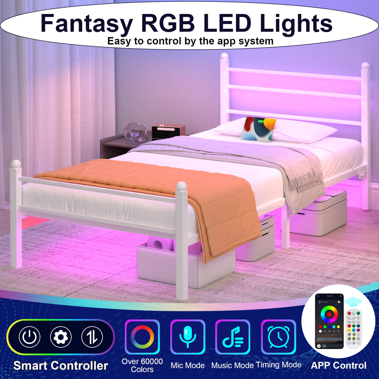 J.Fkne Twin Bed Frame with LED Lights & Charging Station, Metal Platform Bed with Headboard, Heavy Duty Metal Slats, No Box Spring Needed, Noise Free, Easy Assembly, White J.Fkne