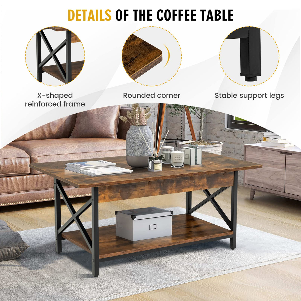 COSTWAY Industrial Coffee Table, 2-Tier Wood Cocktail Tea Table with Storage Shelf and X-Shape Steel Frame, Rectangle Sofa Side Accent Table for Living Room Home Office, Rustic Brown COSTWAY