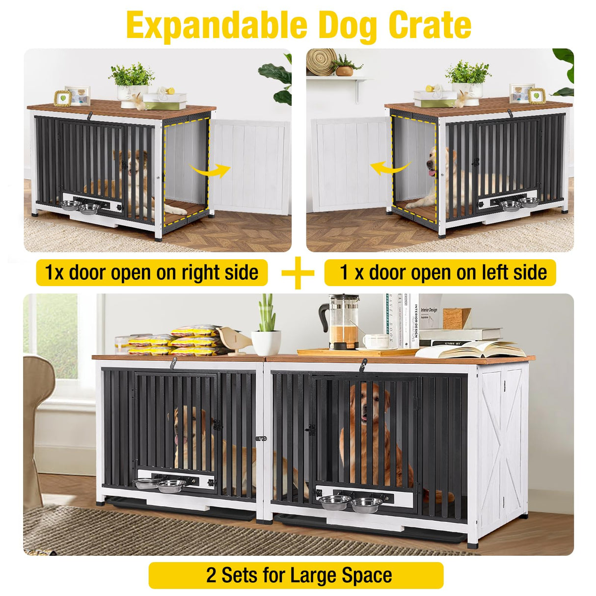 Aivituvin Dog Crate Furniture Foldable Side End Table Expandable Solid Wood Dog Kennel with 360° Rotatable Dog Bowls Indoor Cage, No Assembly Needed (Right Door) Aivituvin