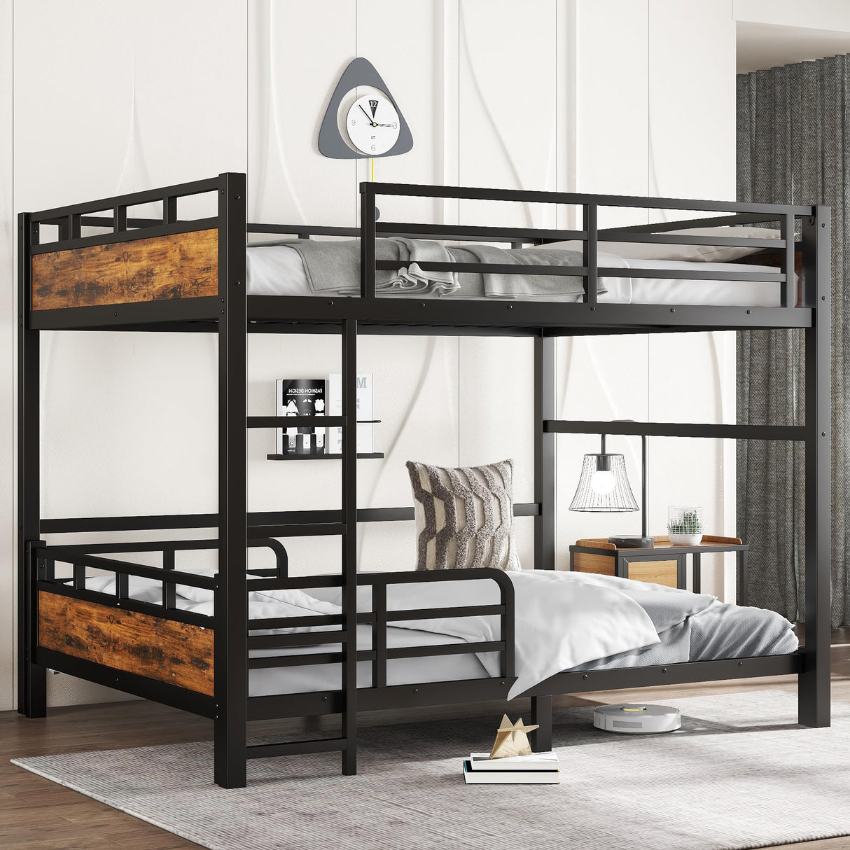 Queen Over Queen Bunk Bed with Headboard and Full Length Guardrail, Separable Bunk Bed Queen Size, Heavy Duty Bunk Beds Can Turns Into Loft Bed and Platform Bed, Black Bellemave