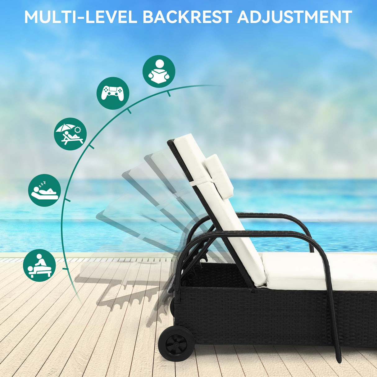 YITAHOME Chaise Lounge Chair with Storage, Wicker Patio Lounge Set of 2 with 5-Position Backrest, Rattan Pool Reclining with Headrest, Arm, Cushion, and Wheel for Poolside Balcony Garden(Black+Beige) YITAHOME