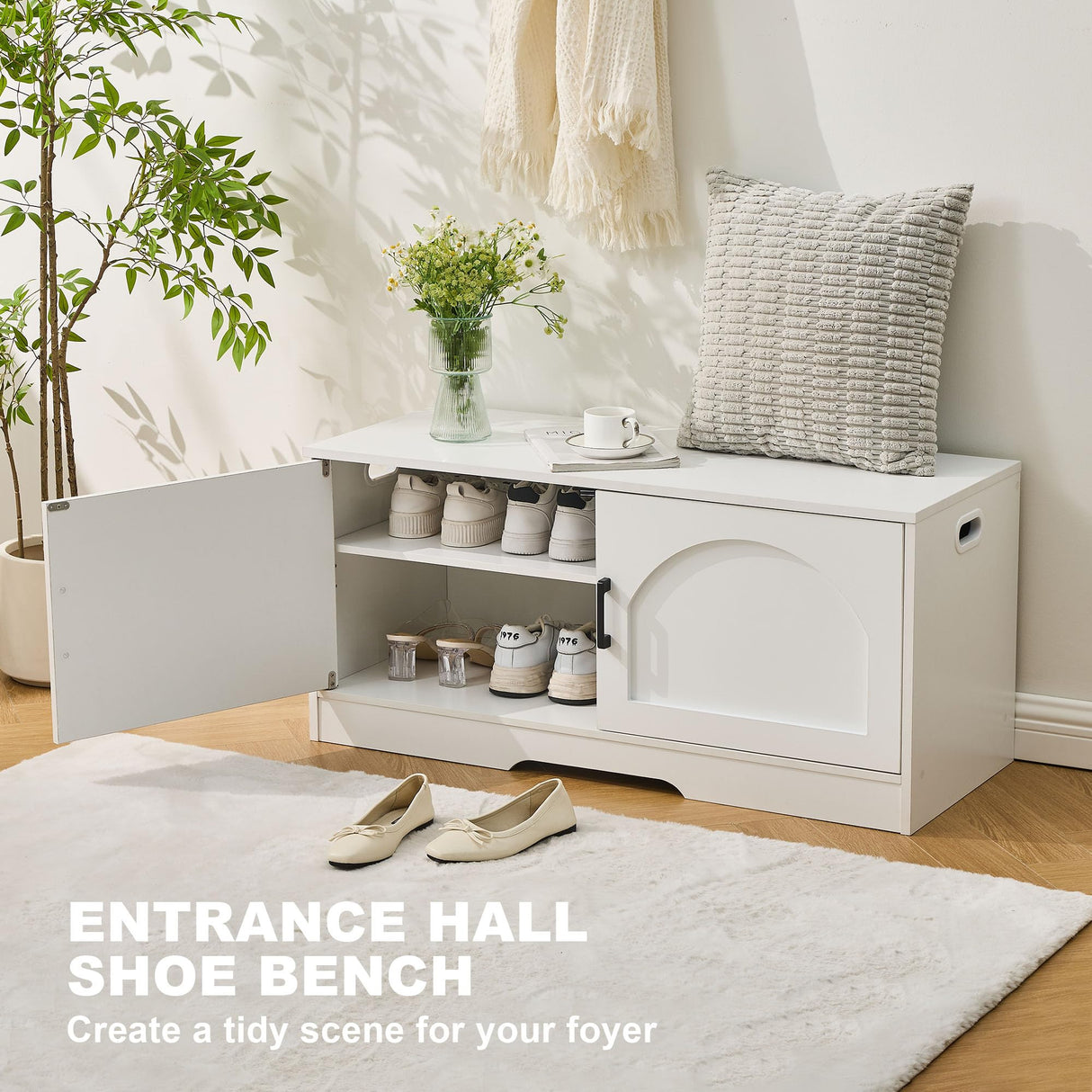Shoe Bench, Entryway Storage Bench with 2 Doors, Shoe Rack Adjustable Shelves, Shoe Cabinet with Storage, 31.5" W x 13.8" D x 18.1" H for Entryway, Living Room, Hallway, Mudroom, Bedroom, White oakvivo
