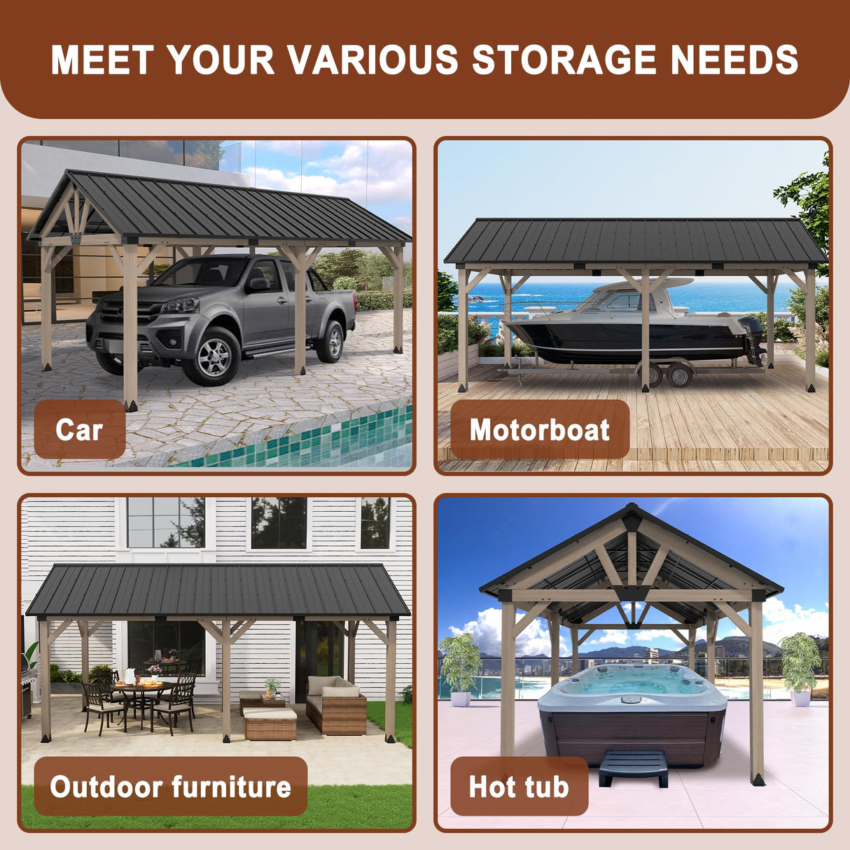 MONDAWE 12 x 20 ft. Wood Gazebo Cedar Framed Wooden Gazebo Patio Steel Hardtop Gazebo with Galvanized Steel Gable Hardtop Roof for Patio Lawn Backyard, Black Roof + Dark Wood Frame MONDAWE