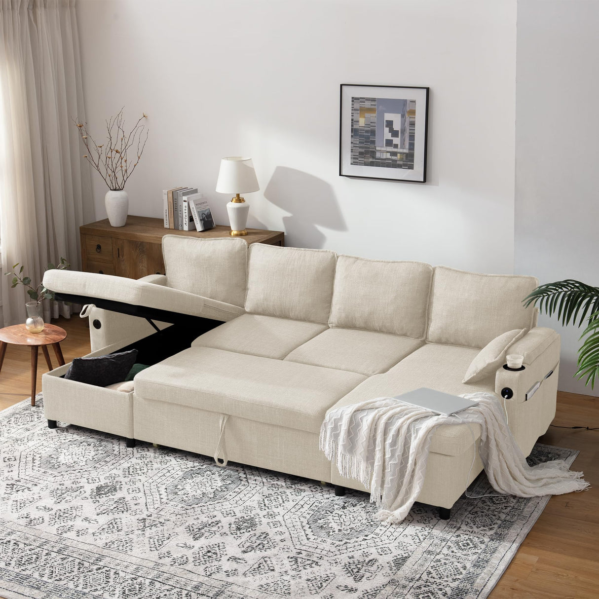 DURASPACE Sofa Bed Sleeper Sofa Pull Out Couch with Double Storage Chaise, Sectional for Living Room, U Shaped Couch with Removable Covers (Beige) DURASPACE