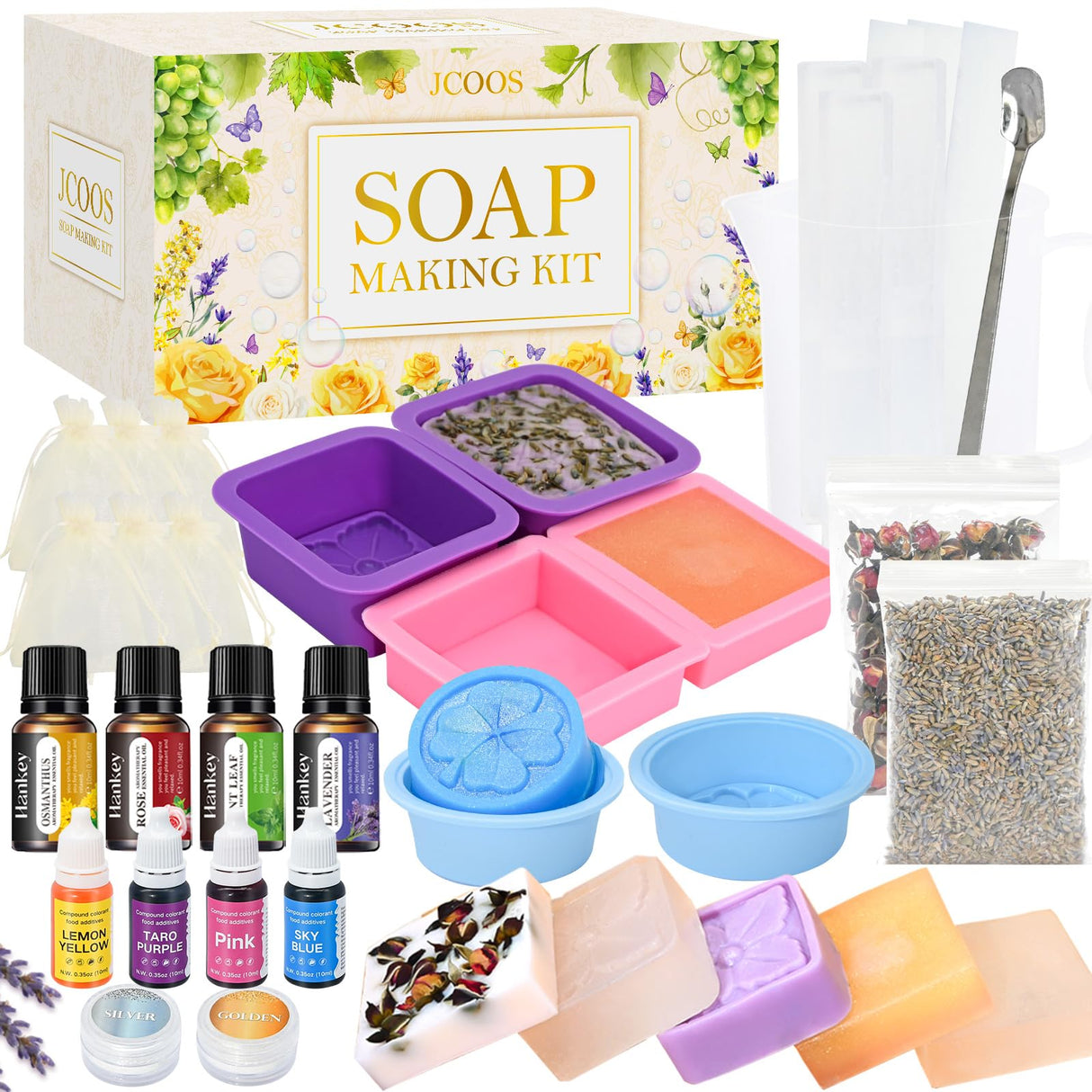 Soap Making Kit, JCOOS Soap Making Kit for Adults and Kids, Soap Making Supplies - Melt and Pour Soap Base, Soap Mold, Soap Colorant, Fragrances, Dried Flowers, Glitter, Kids Craft Diy Kits for Adults Jcoos