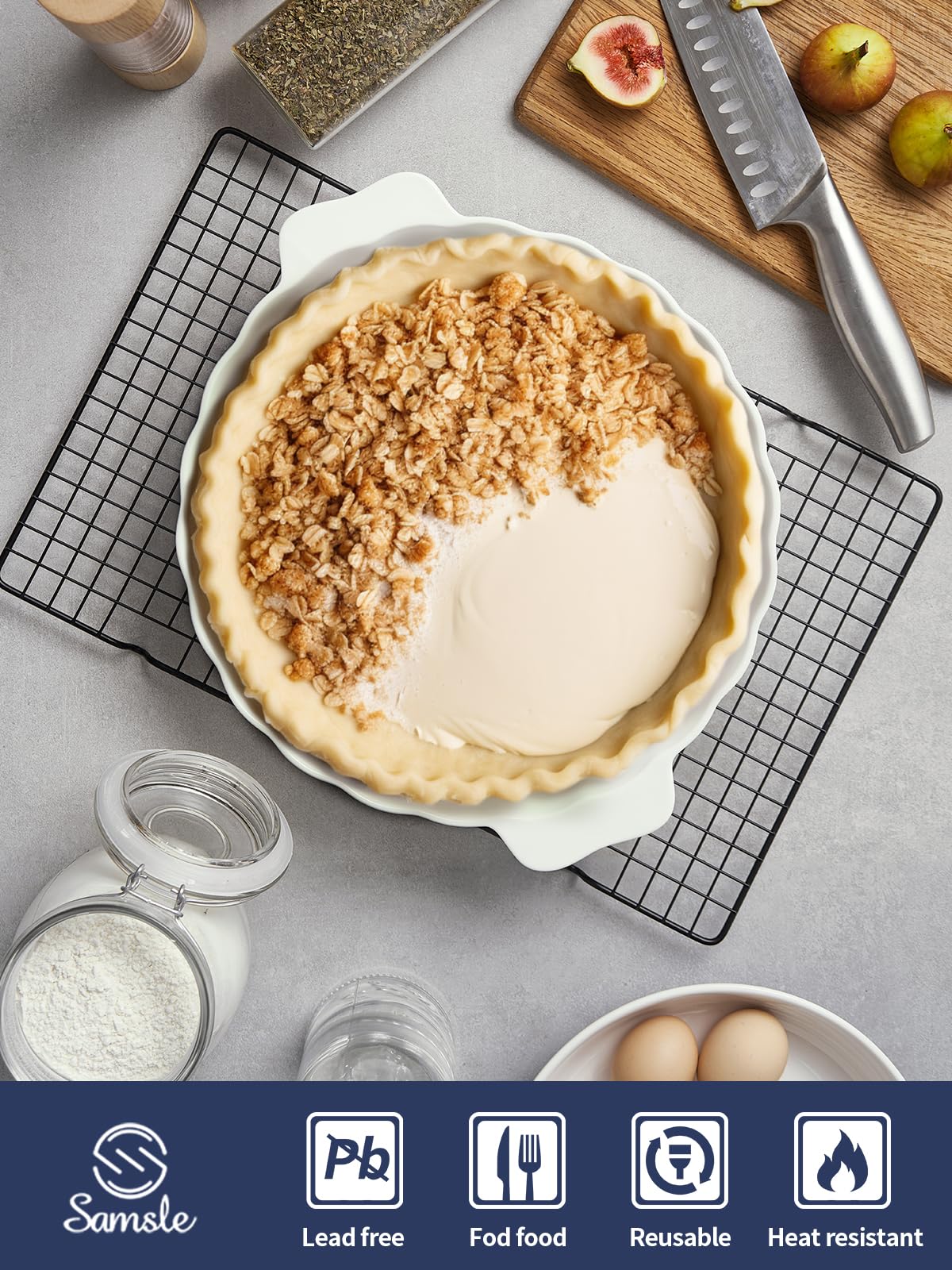 Samsle Ceramic Pie Pan For Baking,13Inch Round Baking Dish With Double Handle,Pie Plate With Ruffled Edge-Microwave, Dishwasher, and Oven Safe Samsle