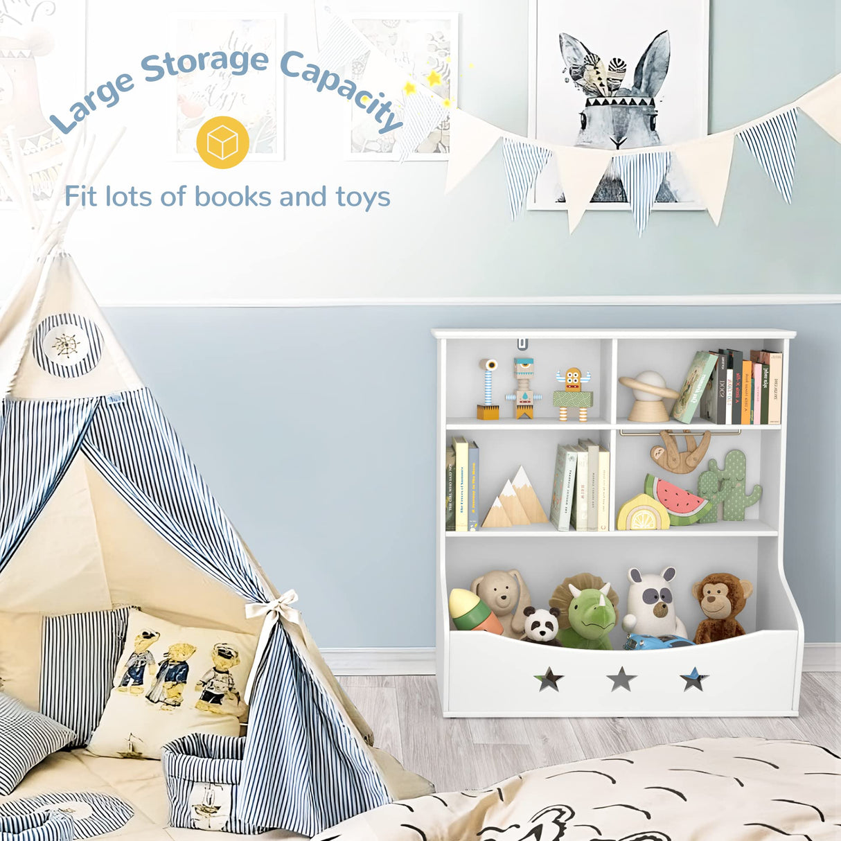 Curipeer White 3-Shelf Kids Bookshelf with 5 Cube Units and Star Pattern Toy Organizer for Playroom and Nursery Curipeer