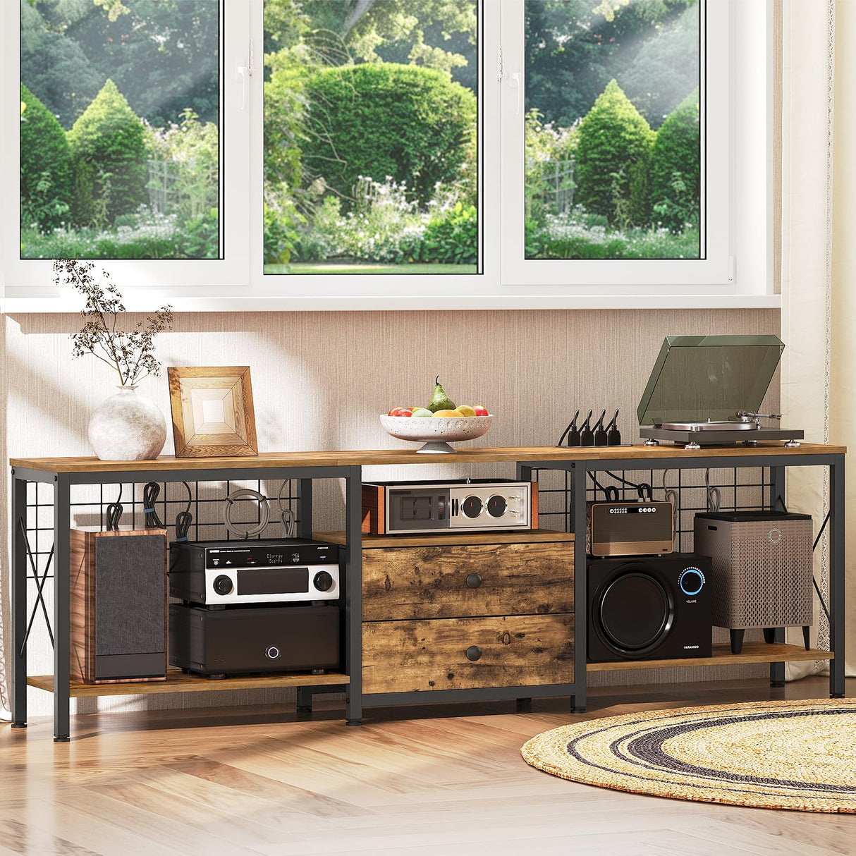 YATINEY TV Stand with Power Outlet Up to 75 Inch, Entertainment Center with 2 Fabric Drawers, TV Console Table with Open Storage Shelves for TVs, Cable Management, for Living Room, Bedroom, DS18UBRY1 YATINEY