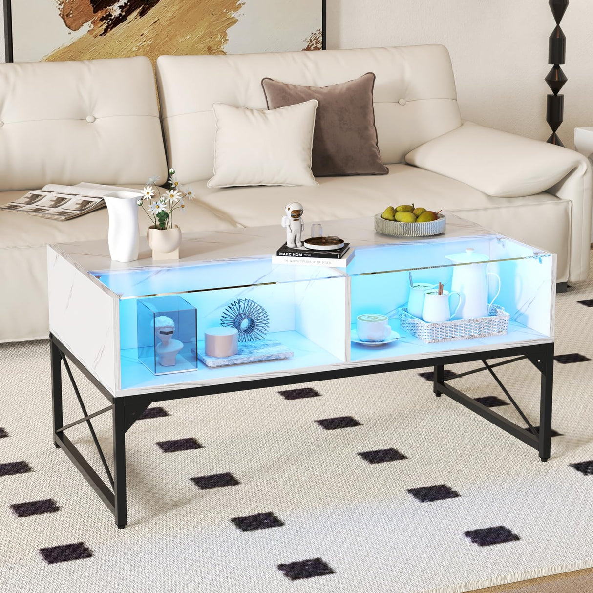 Tangkula LED Coffee Table, High Glossy Center Table with 4 Storage Cubes, Faux Marble & Tempered Glass Top, Adjustable Light Colors, Remote Control, Modern Cocktail Table for Living Room (White) Tangkula