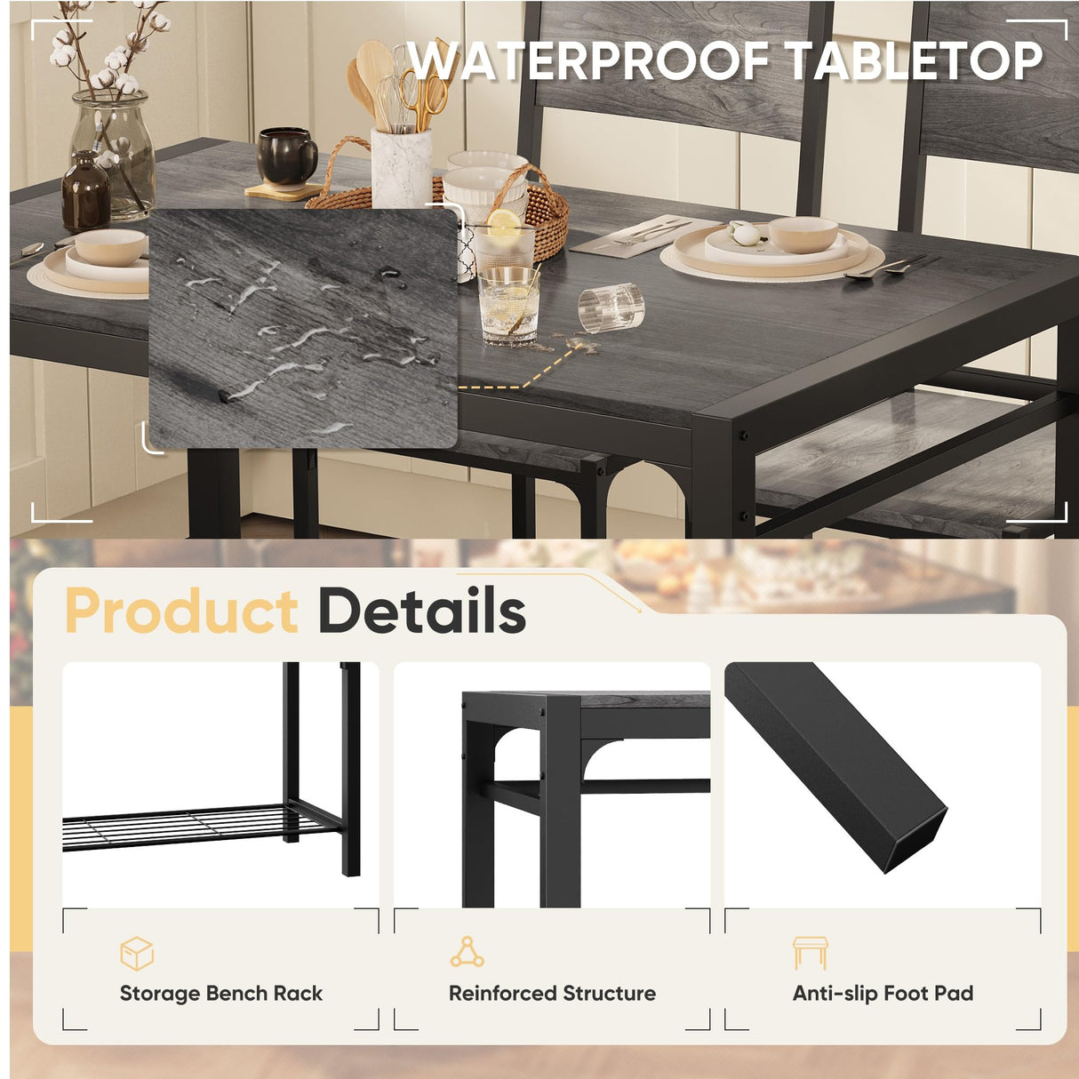 Shahoo Kitchen Table and 2 Chairs for 4 with Bench, 4 Piece Dining Sets for Small Space, Dark Grey Shahoo