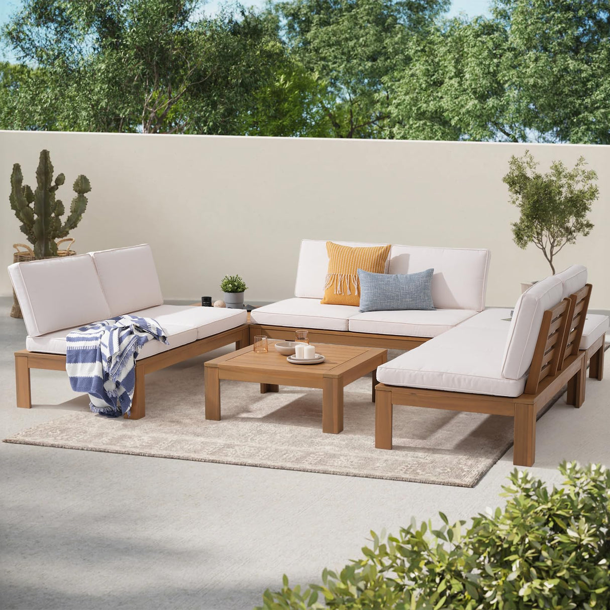 SUNSITT 6 Piece Acacia Wood Patio Furniture Outdoor Sectional Sofa Set with Adjustable Armrest, FSC Certified L-shaped Patio Set w/2-in-1 Coffee Table, Cream White Cushions for Garden SUNSITT
