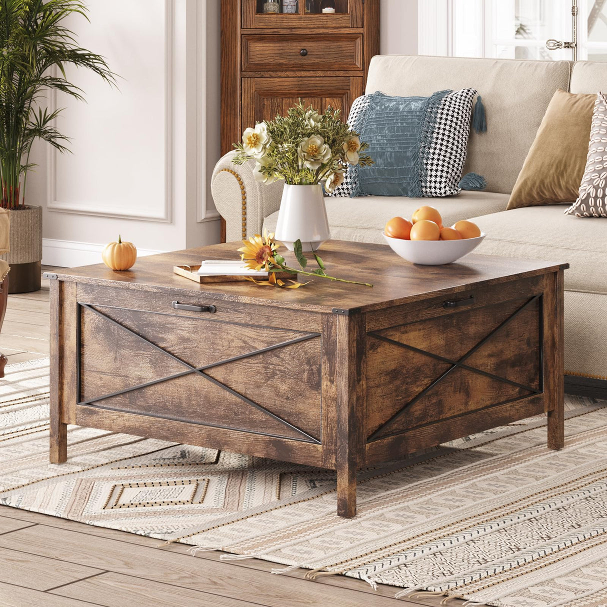 Mauqvit Lift Top Coffee Table,Square Center Table with Hidden Storage Compartment, Farmhouse Wood Coffee Table for Living Room,Bedroom, Home Office Maupvit